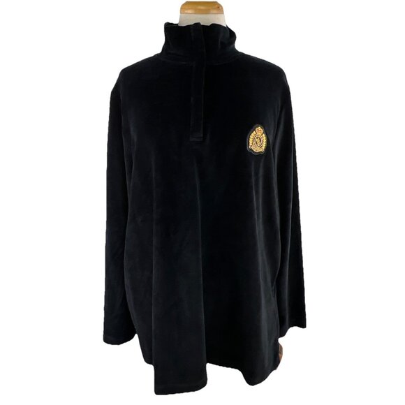 Lauren Ralph Lauren Tops - Lauren Ralph Lauren Sz 1X Black Velvet Velour Track Top 1/4 Zip Pullover Crest